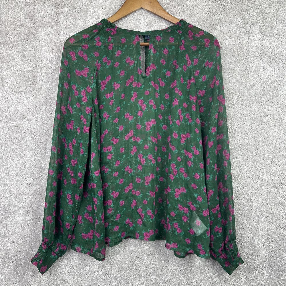 Modcloth Blouse Green Magenta Roses Coming Up Winter Sheer Size Medium